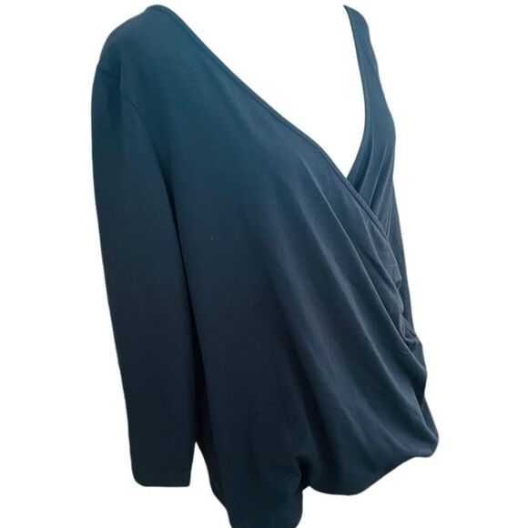 Chico’s black Surplice faux wrap top with side ruching, 3/4 sleeves sz 2 (12/L) - Picture 5 of 6